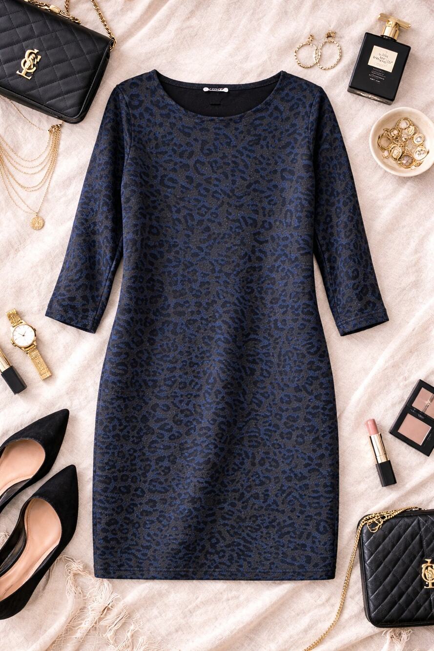 LOFT Women's Leopard Print Wool Sweater Dress Blue Black Knit 3/4 Sleeve Size L